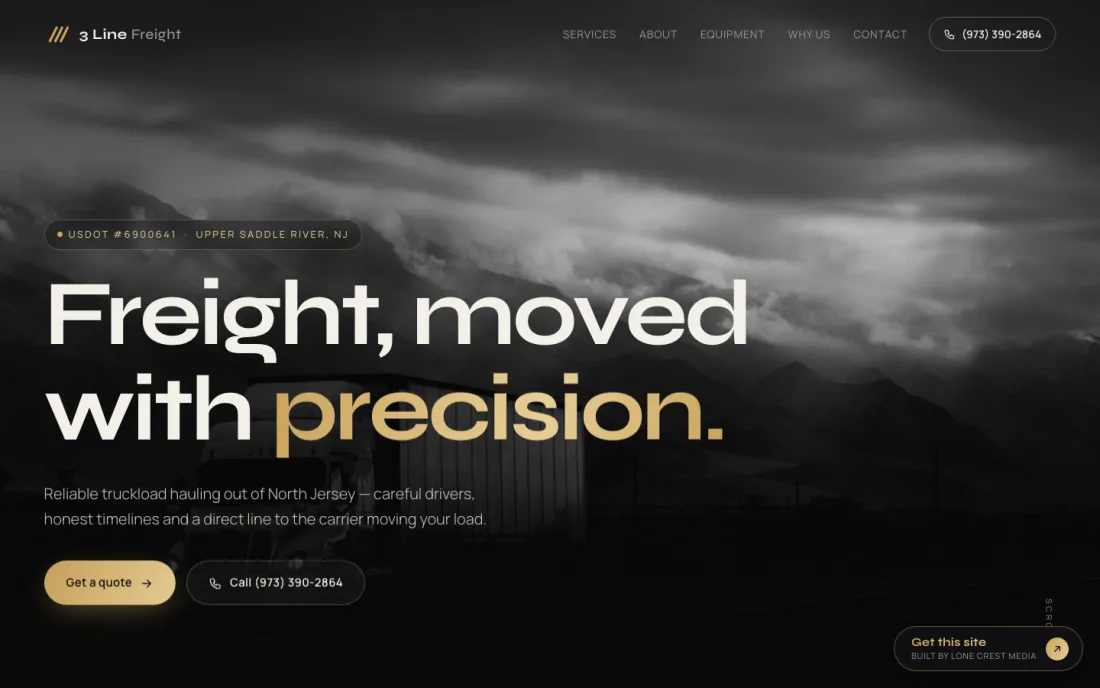 Screenshot of the Dark Luxury theme demo website for 3 Line Freight